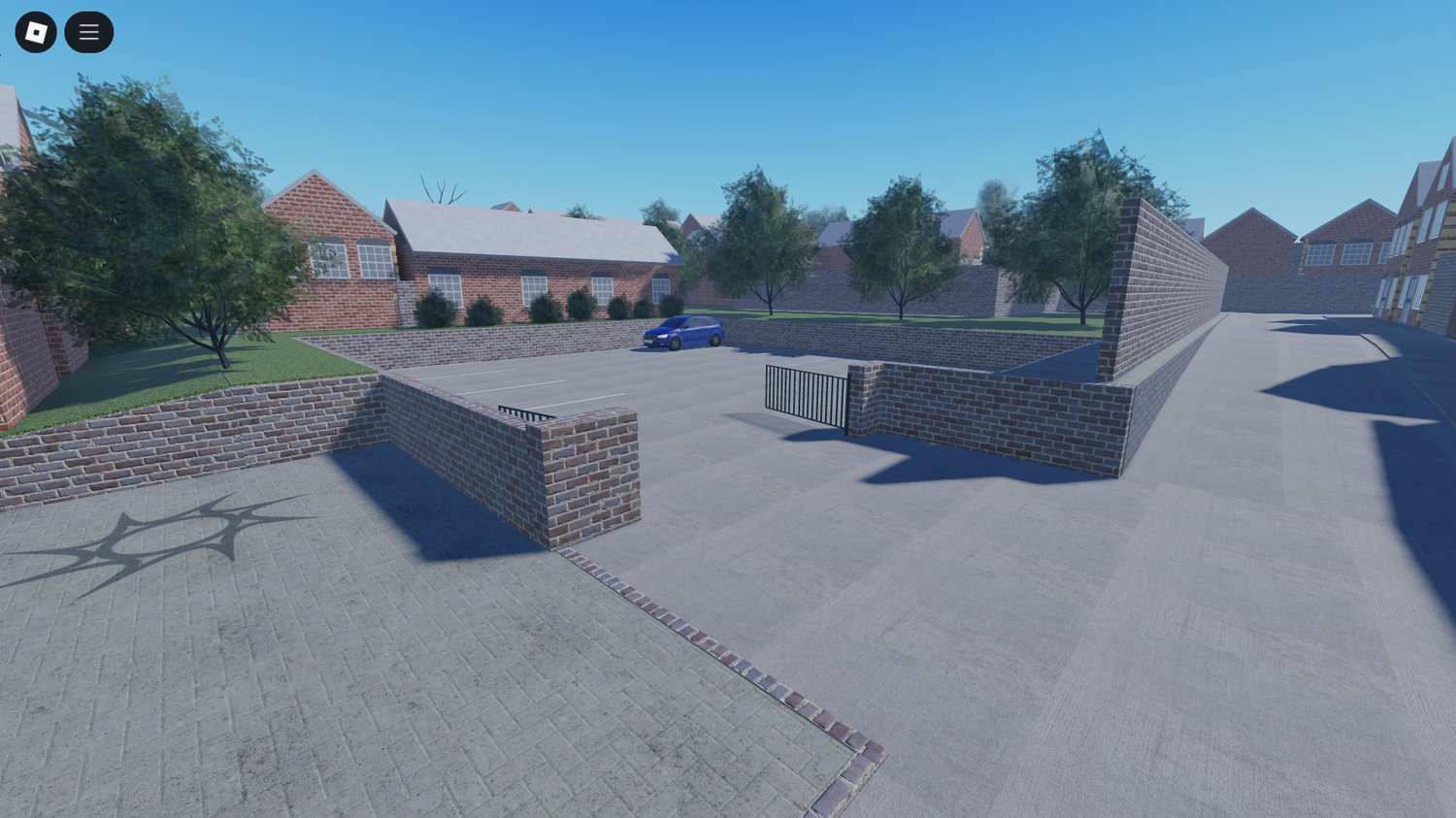 Peaceful village layout in Roblox with trees, fences, and parked cars