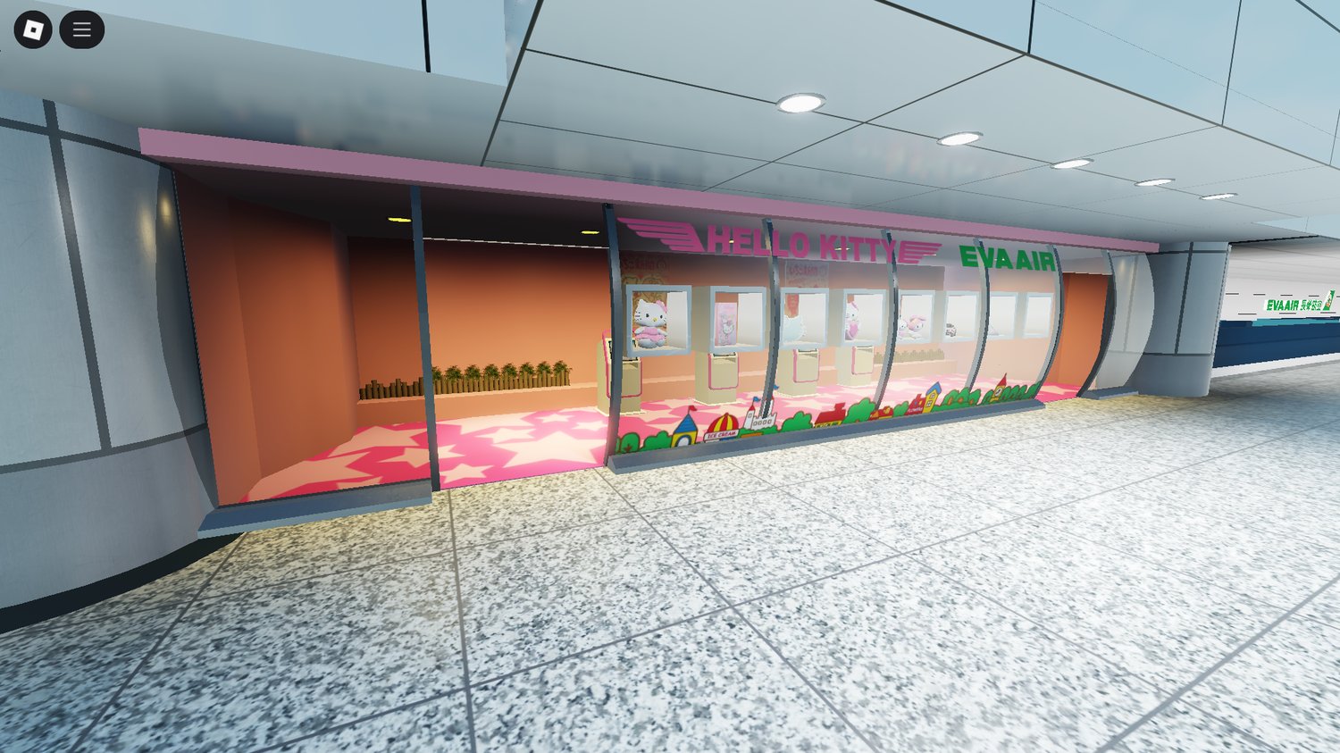 Immersive terminal layout with signage, seating, and jet bridges in Roblox map