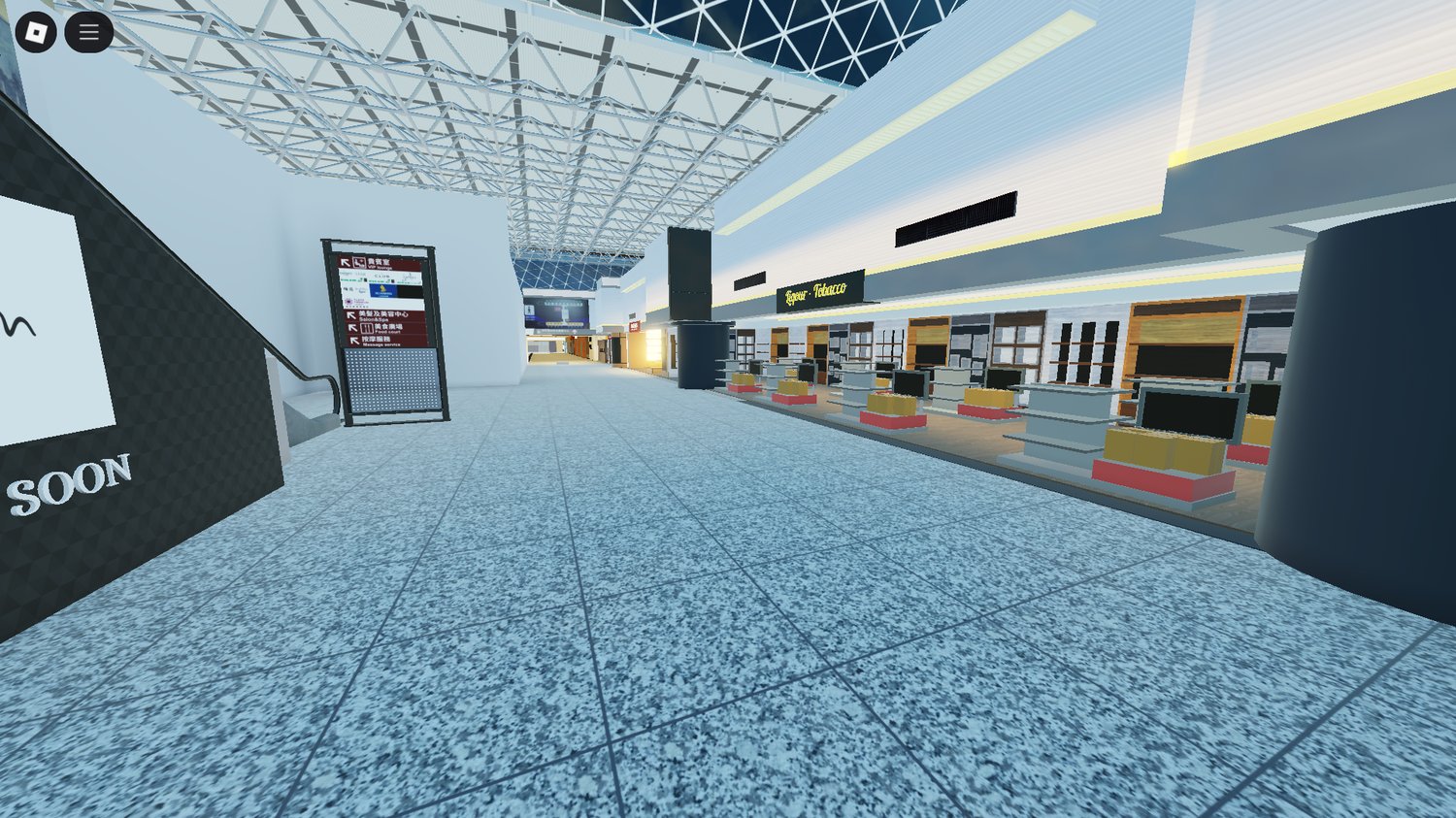 Custom-built Roblox airport featuring baggage claim, security, and departure halls