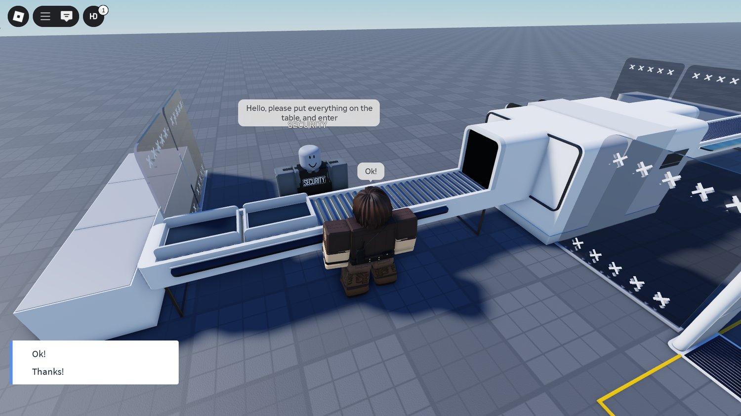 NPC guards monitoring security gate in interactive Roblox scanner setup