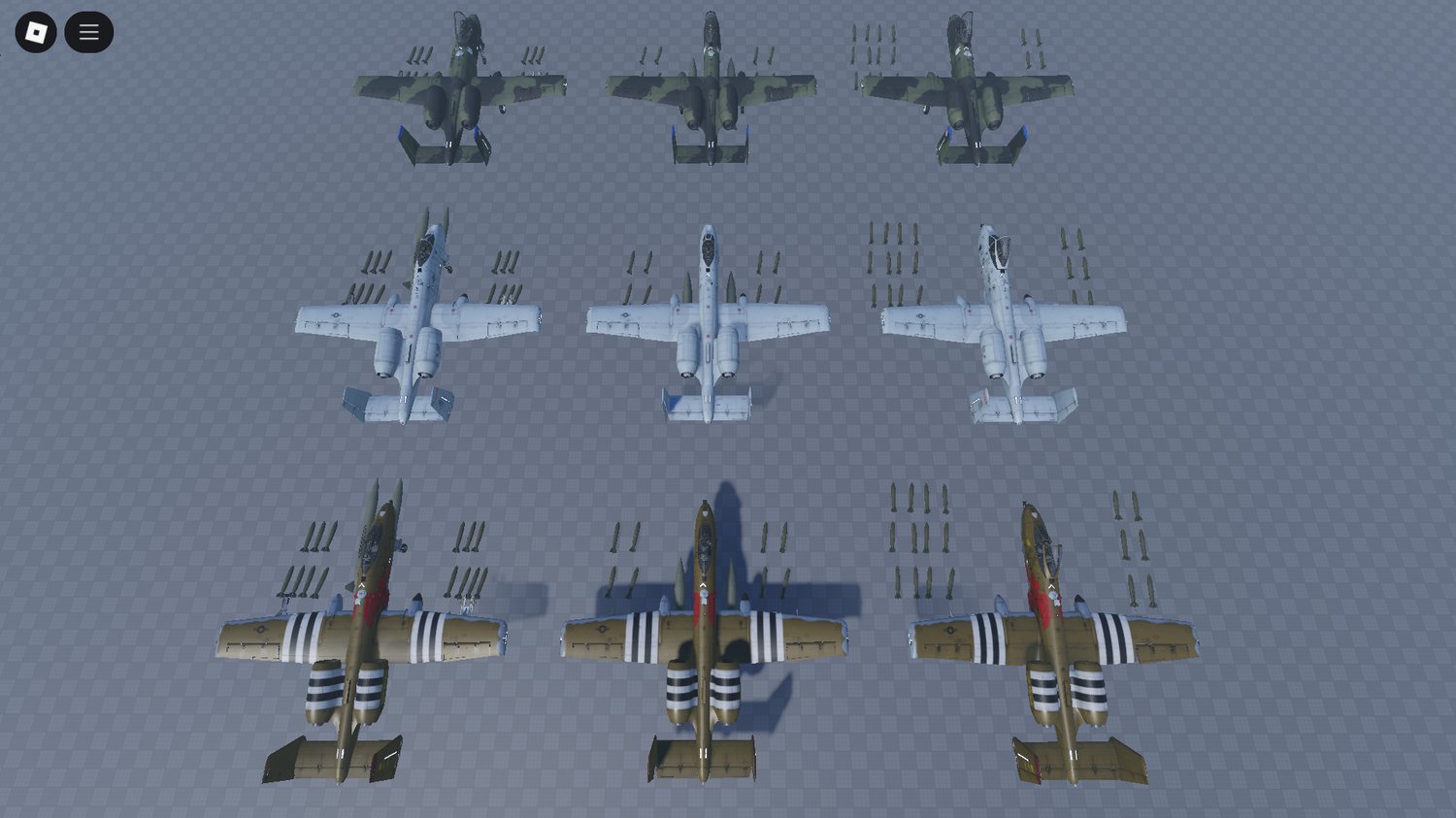 Realistic Roblox A-10C aircraft pack featuring bombs, missiles, and GAU-8