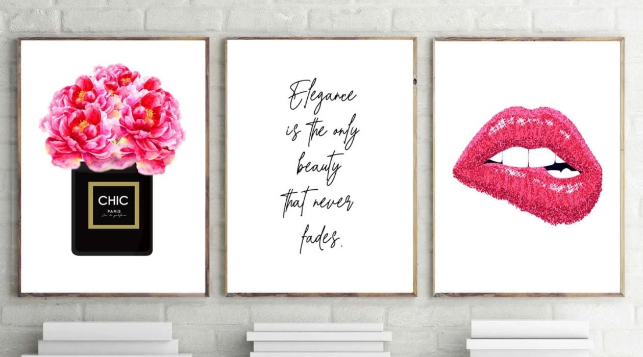 Three frames depicting about beauty are displayed on a wall above a bookshelf.