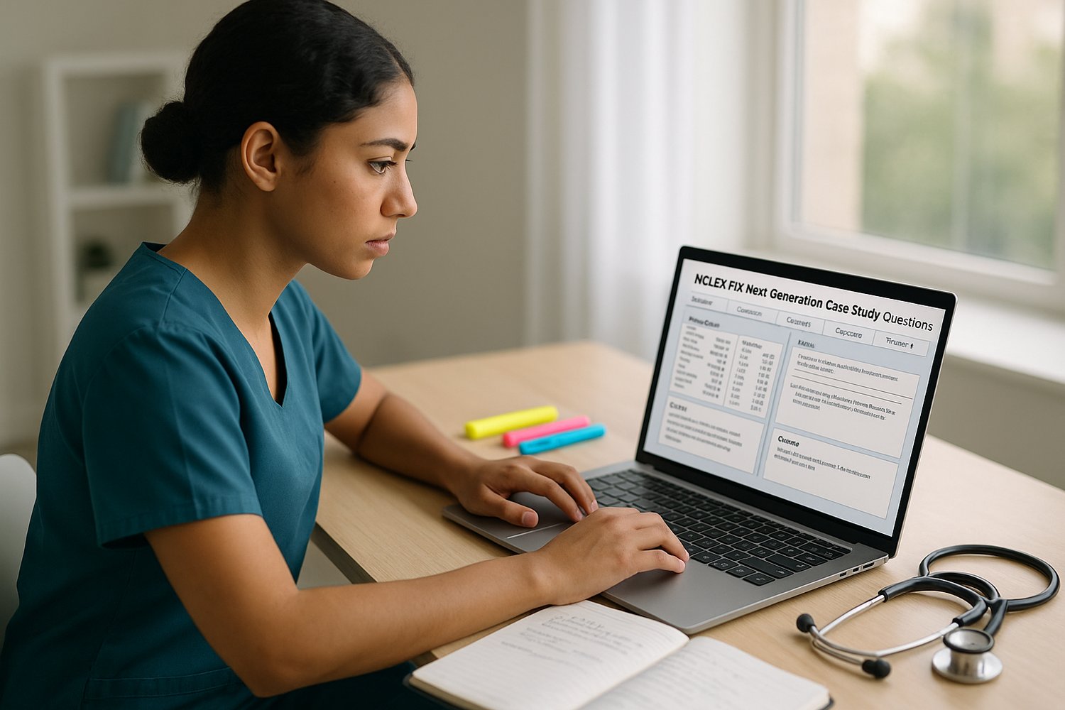 A nursing student sitting at a desk in a bright, modern study space, working on practice NCLEX-RN Next Generation (NGN) case study questions on a laptop.