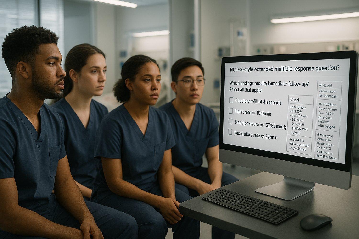 A diverse group of nursing students in scrubs sitting in a modern simulation lab, focused on a large computer screen displaying an NCLEX-style extended multiple response question