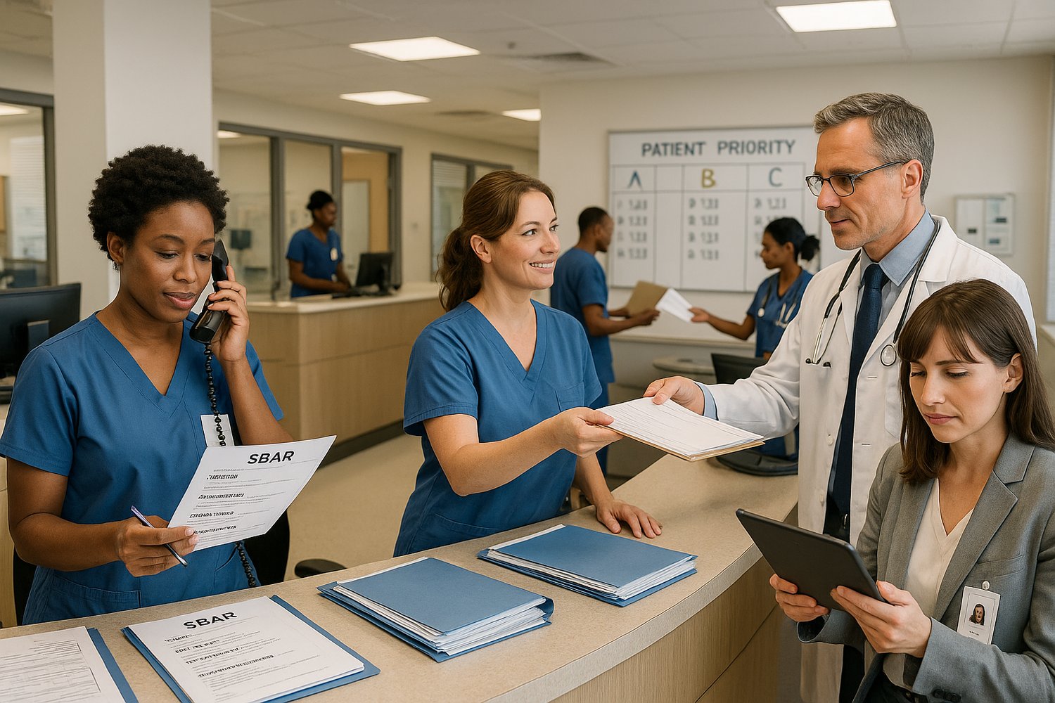 nurse’s station with multiple nurses and interdisciplinary team members actively coordinating patient care.
