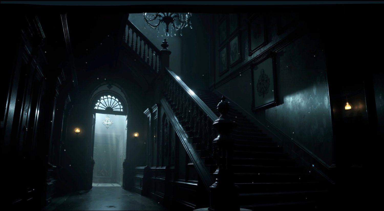 Cinematic animated wallpaper featuring a hauntingly beautiful grand staircase in an old mansion, with flickering lights and soft shadows that create an eerie atmosphere, perfect for enhancing desktop aesthetics in Wallpaper Engine