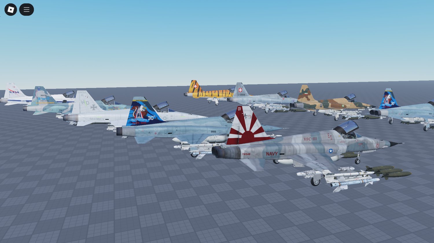 Dogfight scene in sky with multiple F-5E units