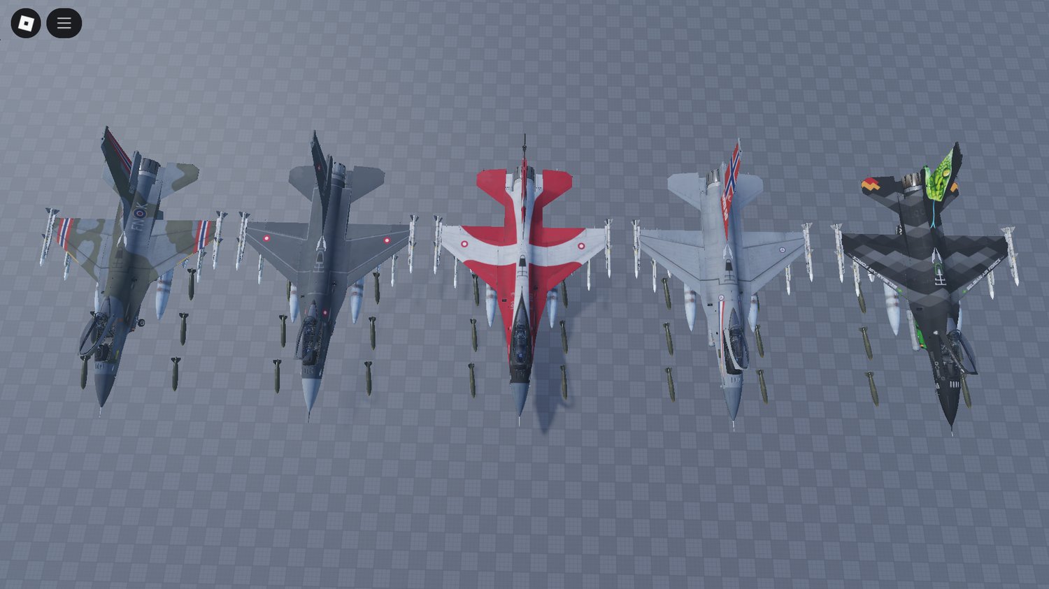 F-16AMC V2 jets in lineup on Roblox tarmac