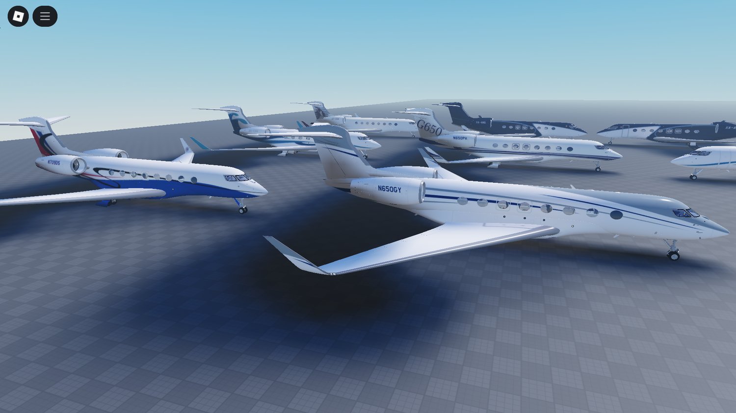 Nighttime airport scene with glowing jet windows