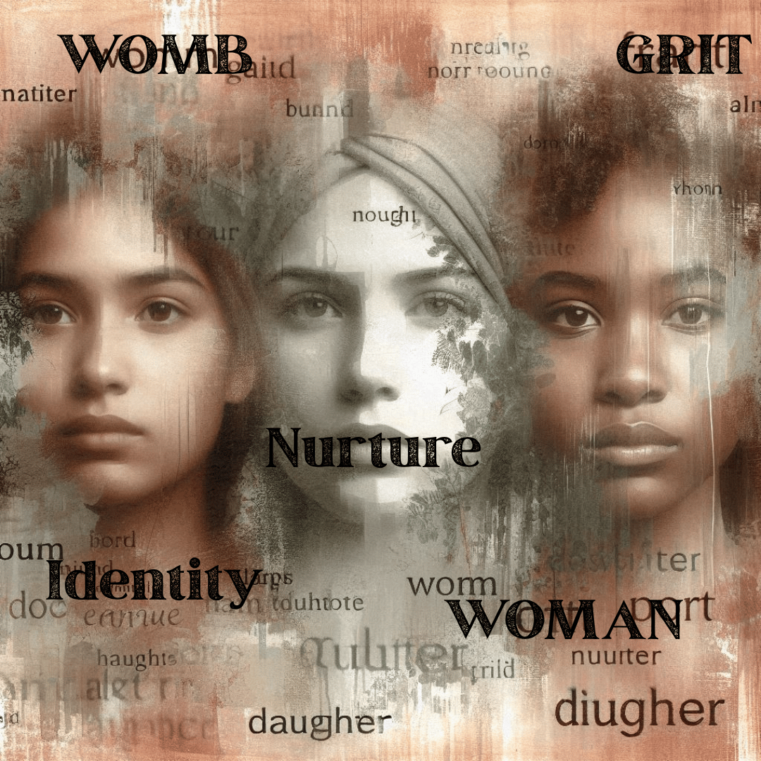 Digital art collage of three diverse women with textured overlays and bold words like 'Womb,' 'Grit,' 'Nurture,' 'Identity,' and 'Woman.' The background features layered text fragments such as 'daughter' and 'nurture,' symbolizing feminine strength, diver