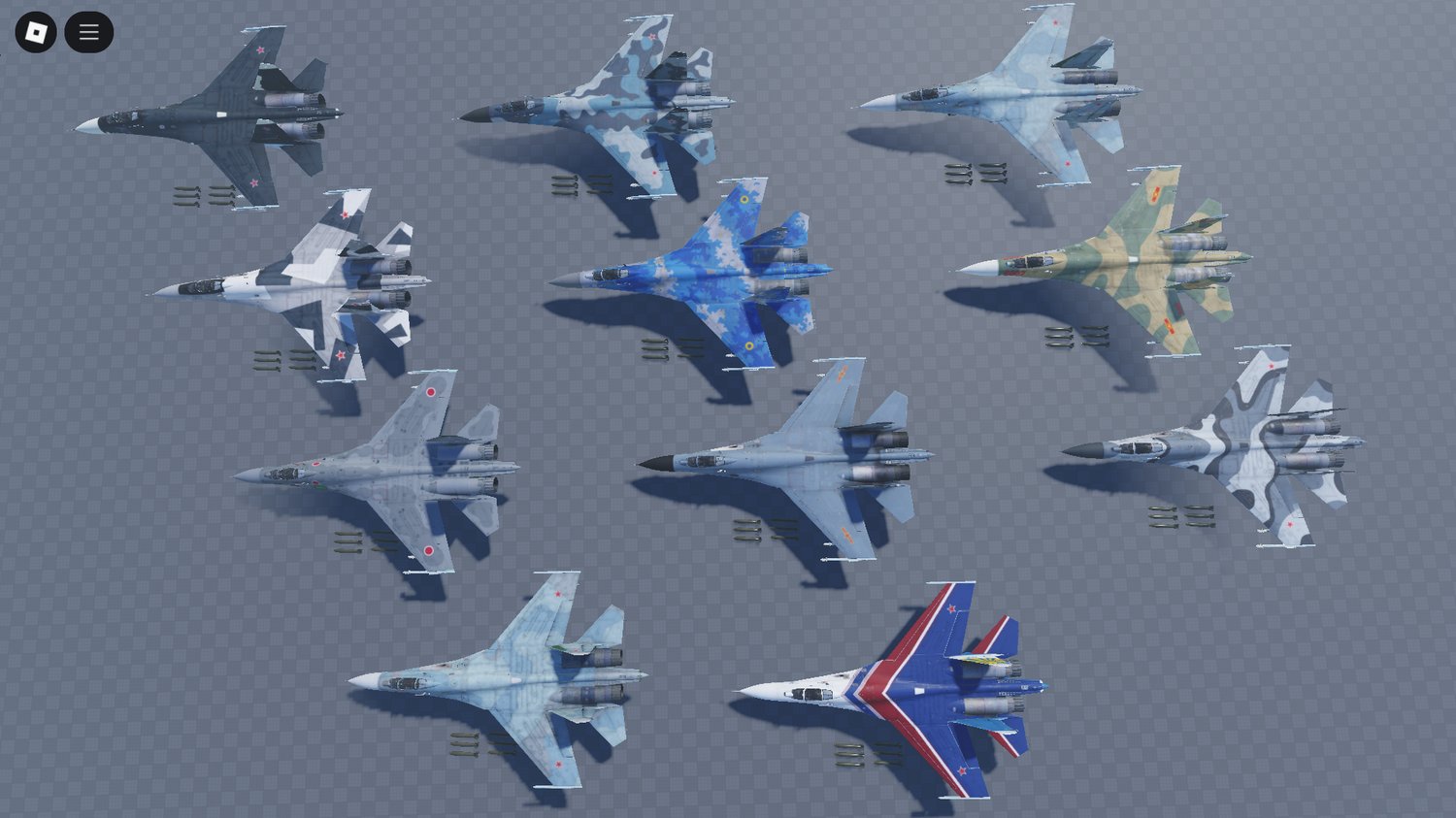 Lineup of Su-27 jets in Roblox hangar