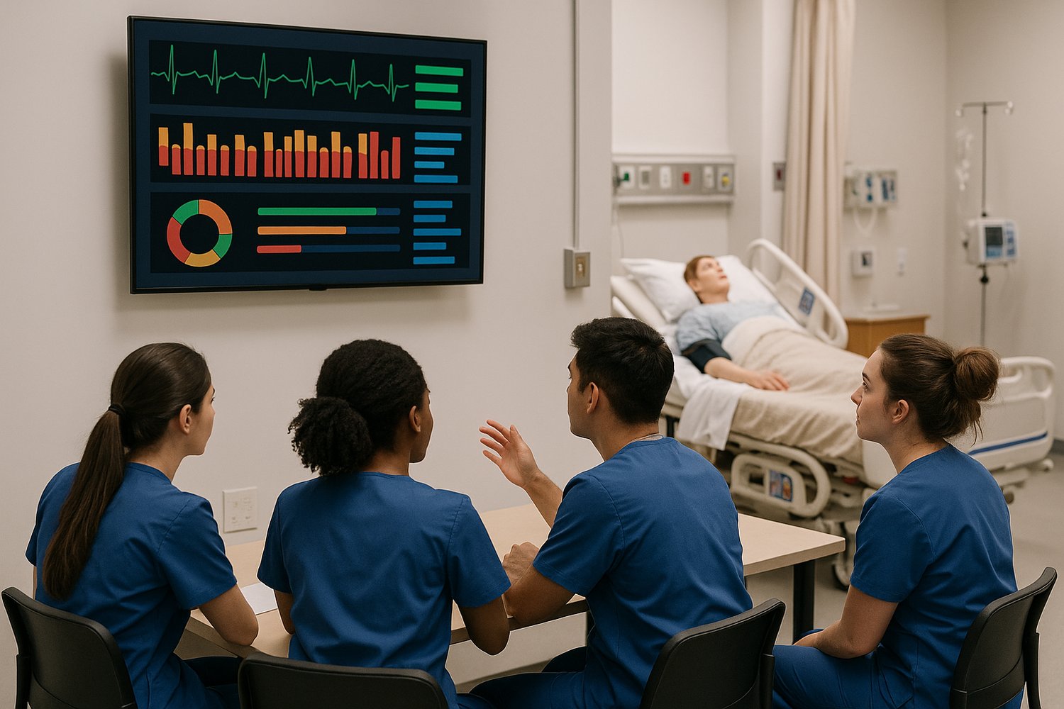 Nursing students seated at a desk in a simulation lab, looking at a large wall-mounted monitor displaying simplified, color-coded patient data without legible text.