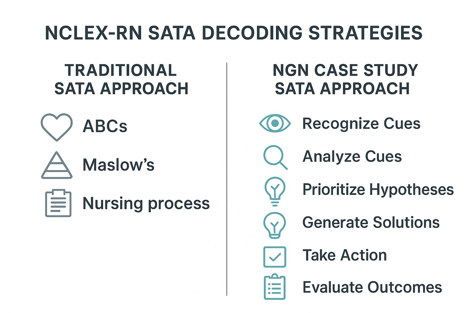 An educational NCLEX-RN SATA strategies infographic showing traditional versus NGN approaches, clinical judgment steps, and priority frameworks.