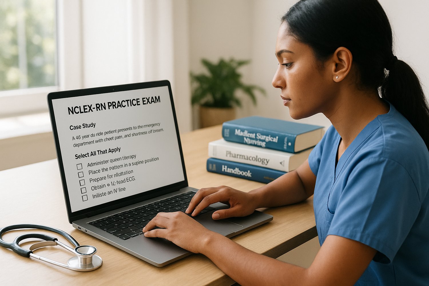 A nursing student analyzing a Next Generation NCLEX case study on a laptop, highlighting multiple correct answers in a SATA question.