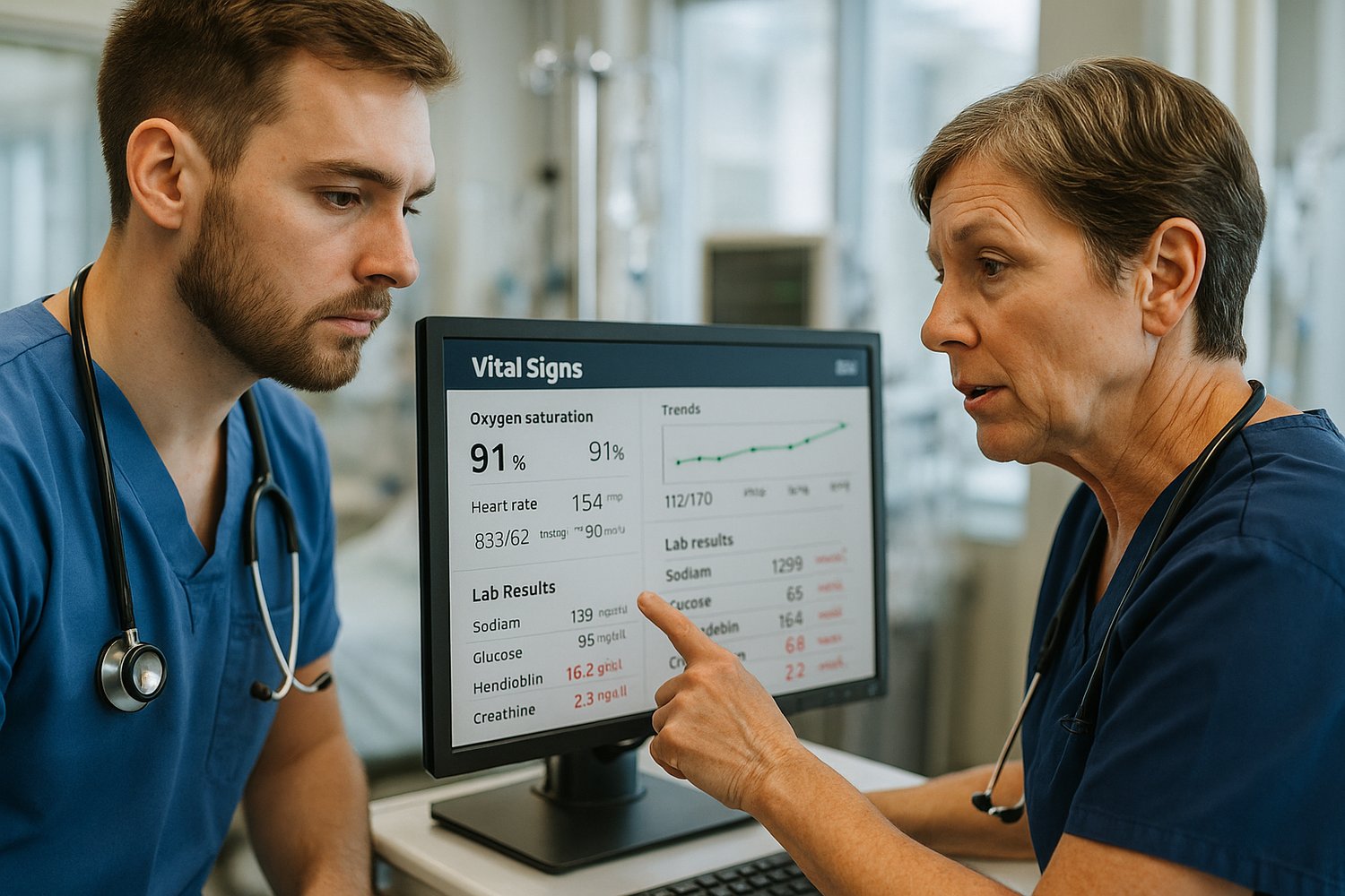 Nursing student and instructor analyzing vital signs and lab trends on a hospital computer, identifying high-risk patient cues.