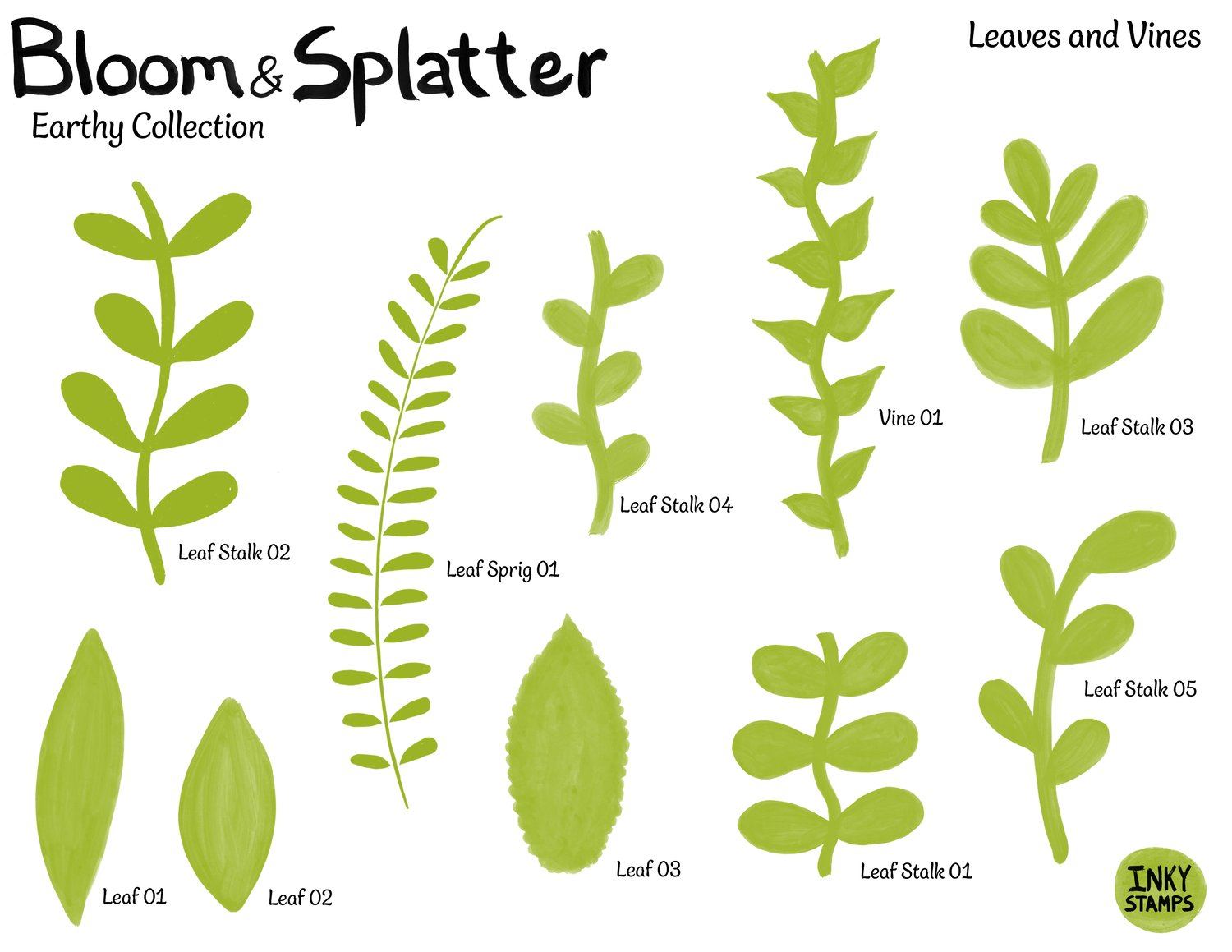 Bloom and Splatter - Earthy Collection. Leaves and Vines. Stamps of leaf stalks, vines and leaves. INKY STAMPS.
