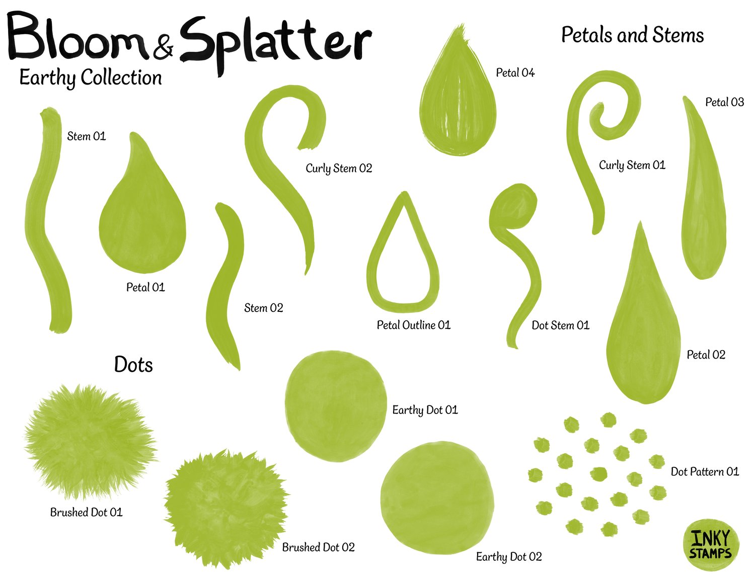 Bloom and Splatter - Earthy Collection. Petals and Stems. Stamps of curved stems, curvy stems, and petals. AND Dots. Stamps of textured dots, brush stroked dots and a round dot pattern. INKY STAMPSBloom and Splatter - Earthy Collection. Petals and Stems.