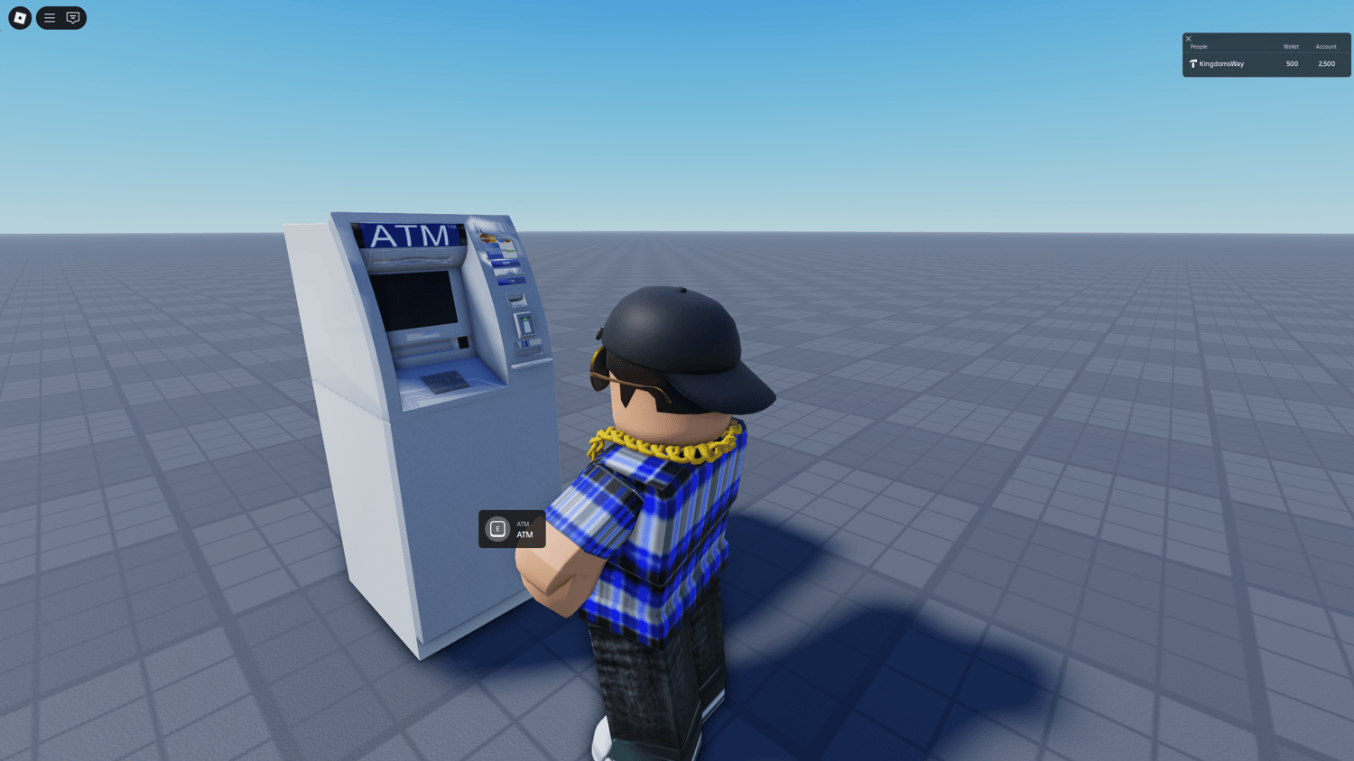 Roblox bank system UI showing account balance