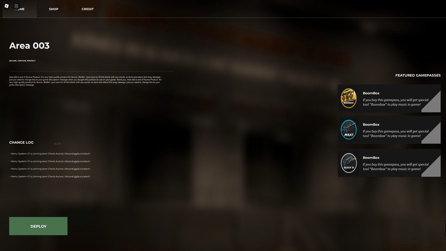Roblox main menu system with deploy button