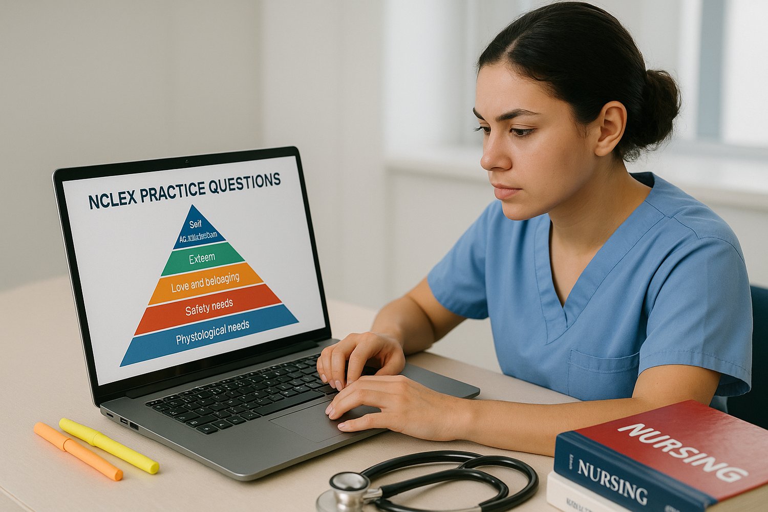 Nursing student studying Maslow’s Hierarchy of Needs for NCLEX-RN prioritization using a laptop and textbooks.