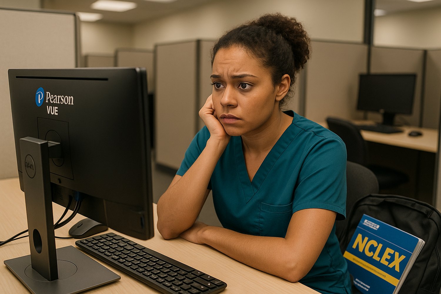 Nursing student taking the NCLEX exam at a Pearson VUE testing center, focused on computer screen.