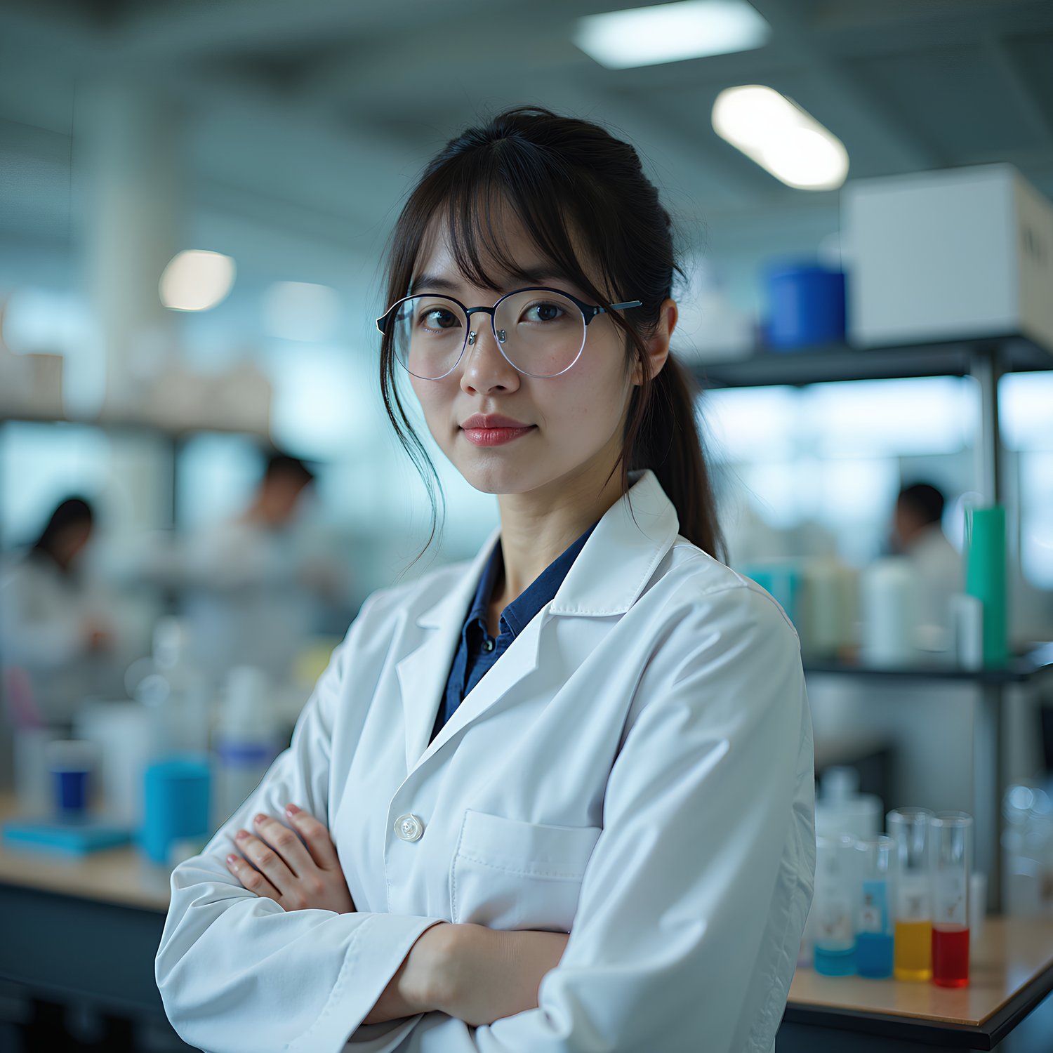 Japanese female scientist standing in a laboratory in front of test tubes and Bunsen burners.