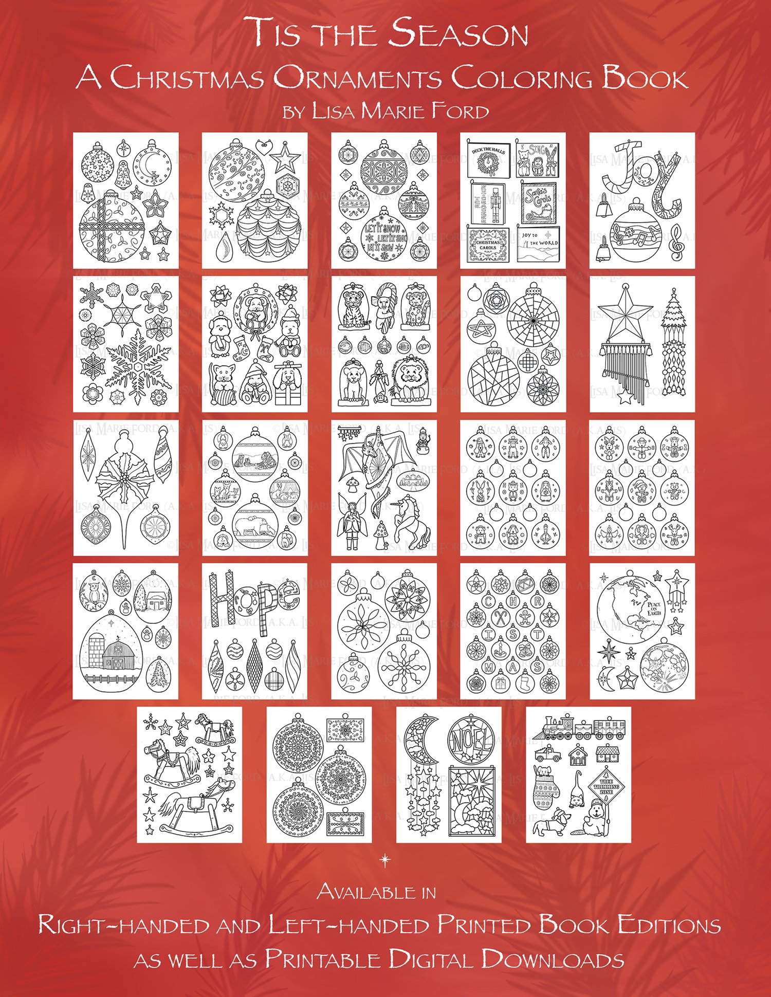 Thumbnail preview images of the included coloring pages for 'Tis the Season Christmas Ornaments Coloring Book