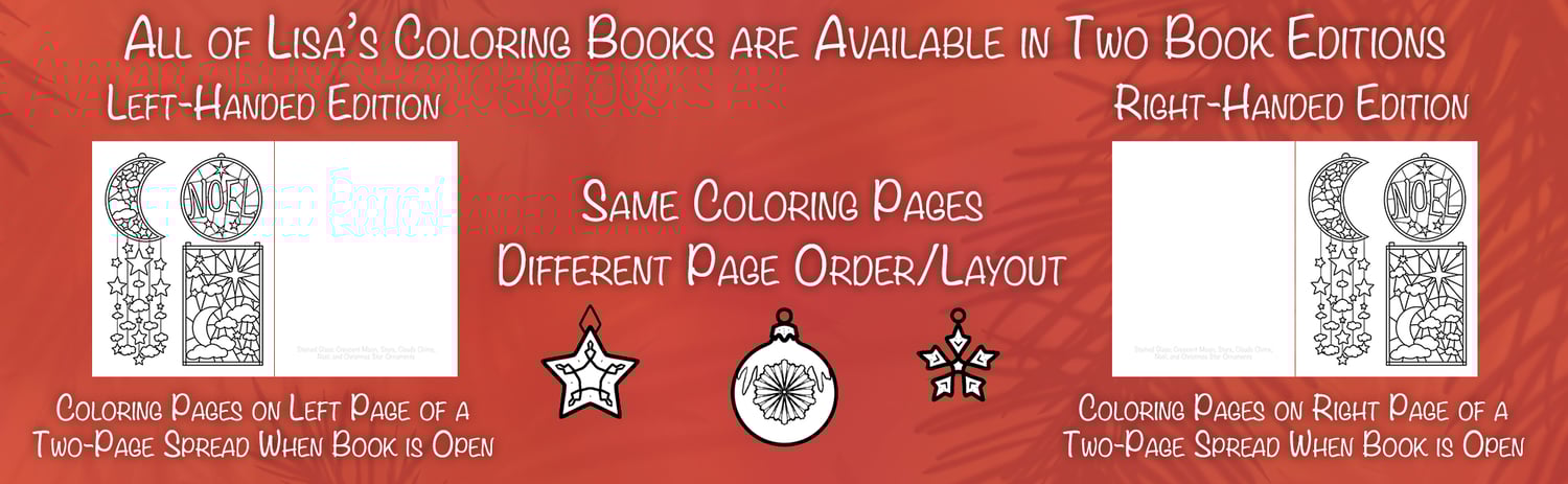 A graphic showing the differences between the Left-handed and Right-handed print editions of this coloring book. The left-handed book as the coloring pages on the left of a two page spread, while the right-handed has the coloring page on the right.