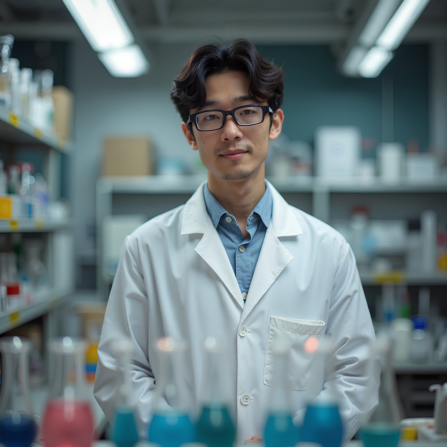 Japanese male scientist standing in a laboratory in front of test tubes and Bunsen burners.