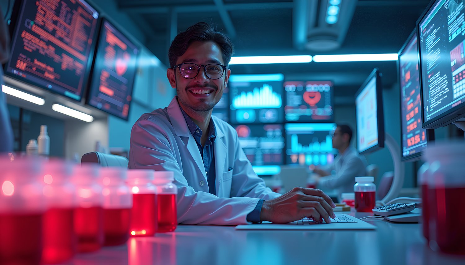 Japanese male scientist sitting in a laboratory working on his laptop 2