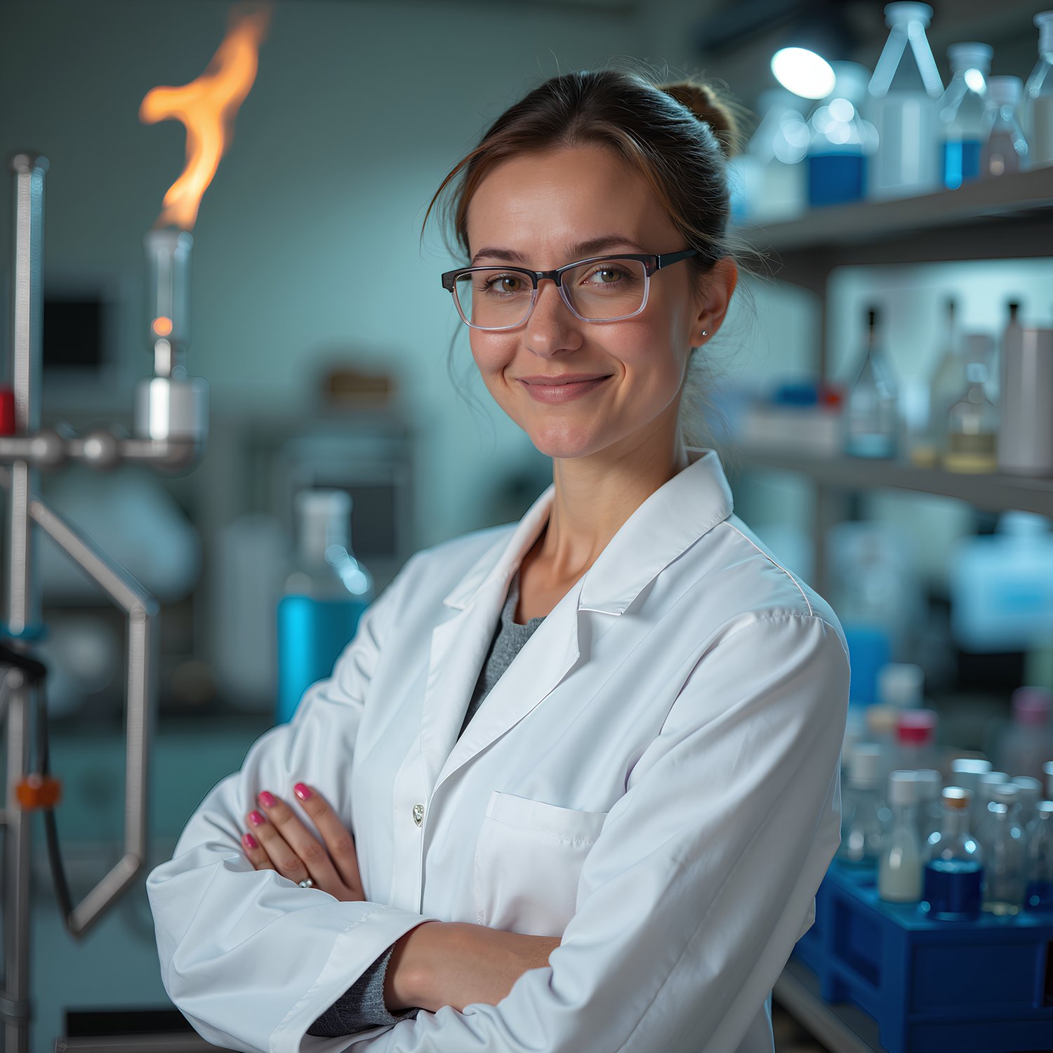 German female scientist standing in a laboratory in front of test tubes and Bunsen burners.
