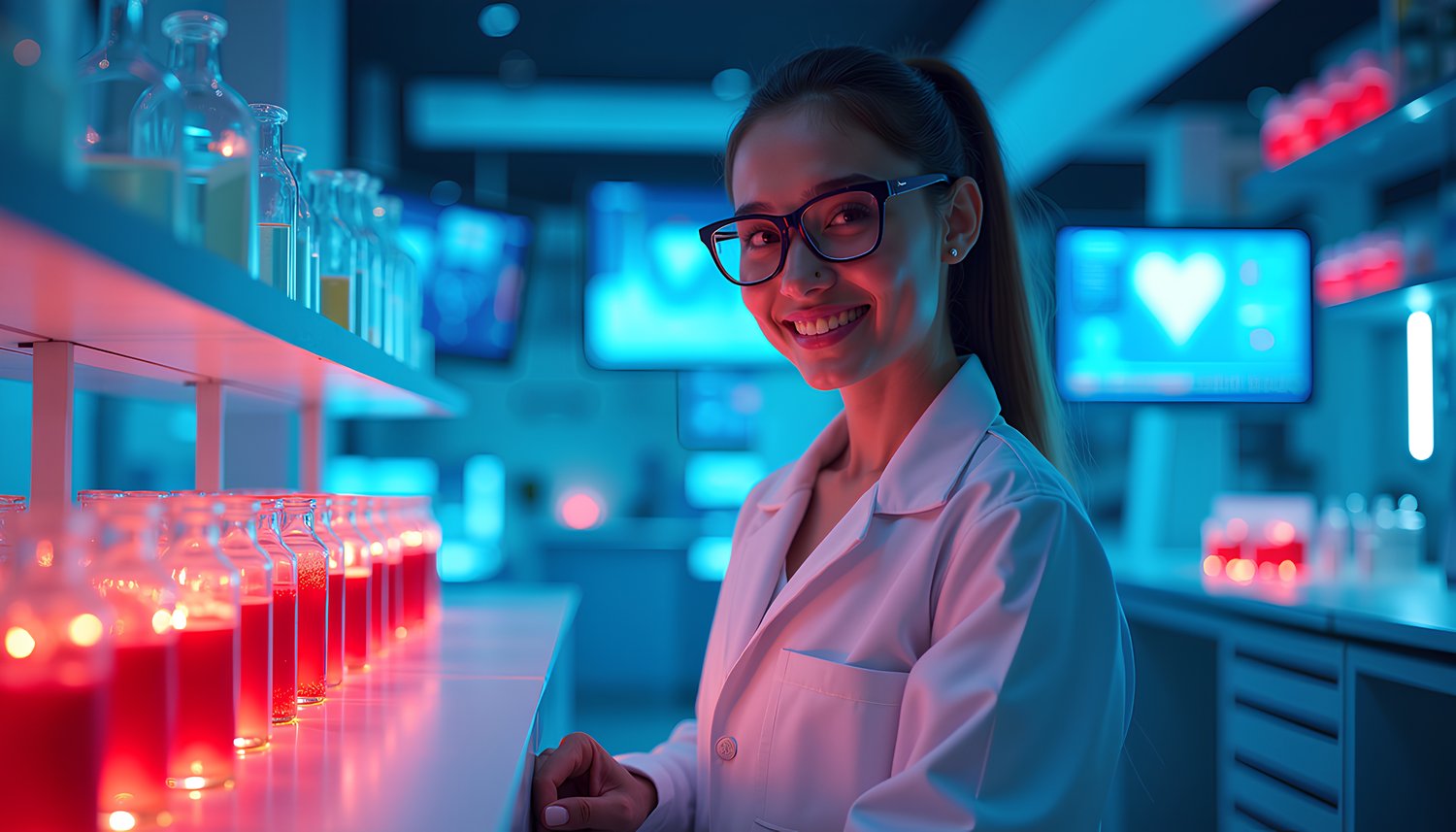 German female scientist sitting in a laboratory working with test tubes and Bunsen burners 2