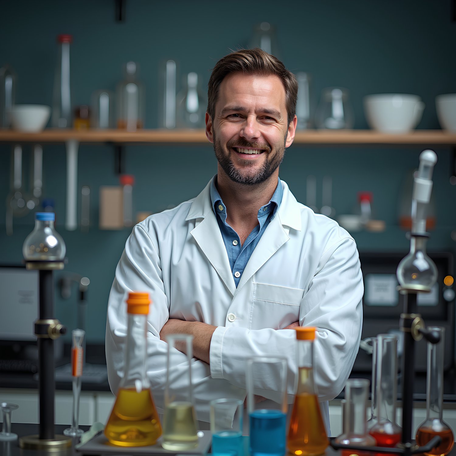 German male scientist standing in a laboratory in front of test tubes and Bunsen burners.