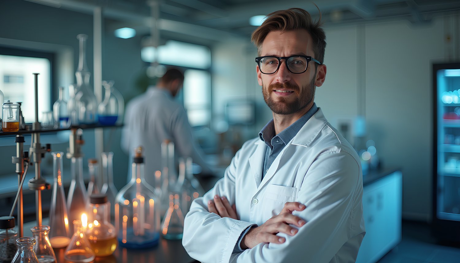German male scientist standing in a laboratory in front of test tubes and Bunsen burners 2