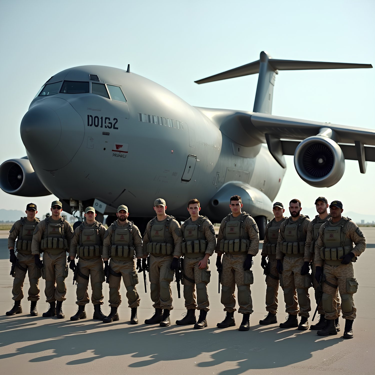 A Navy SEALs unit standing in front of a cargo plane, readying to board to go to battle.