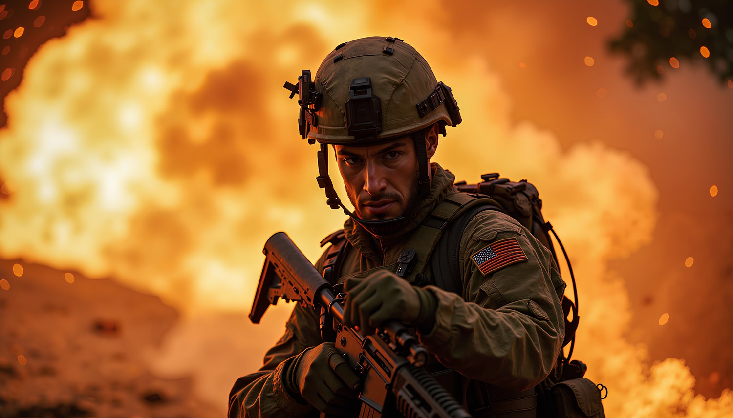 A Navy SEAL in the middle of engagement during combat.