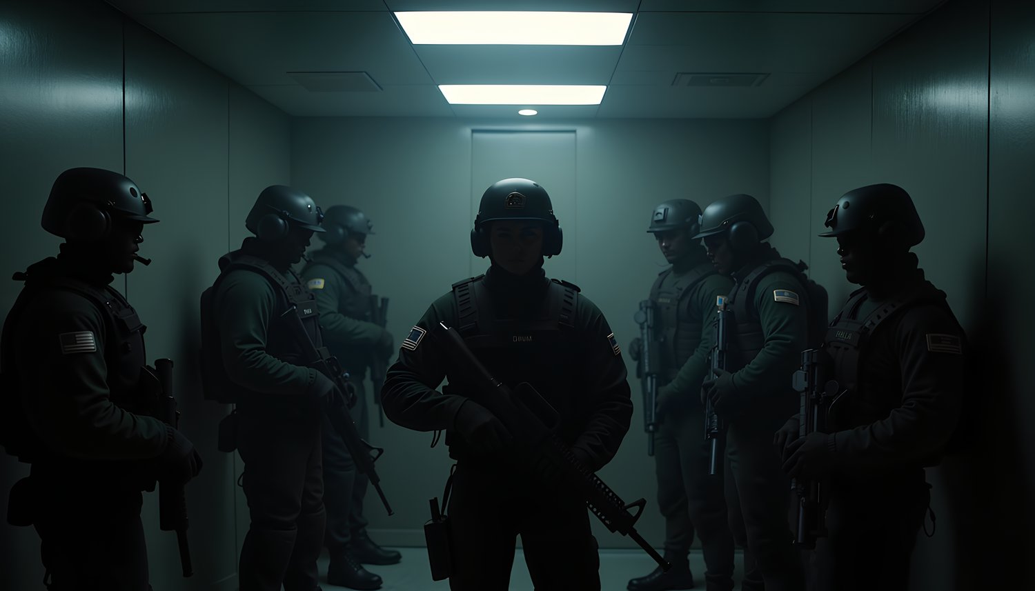 A CIA black ops unit in a dimly lit room gearing up to go on a mission 2