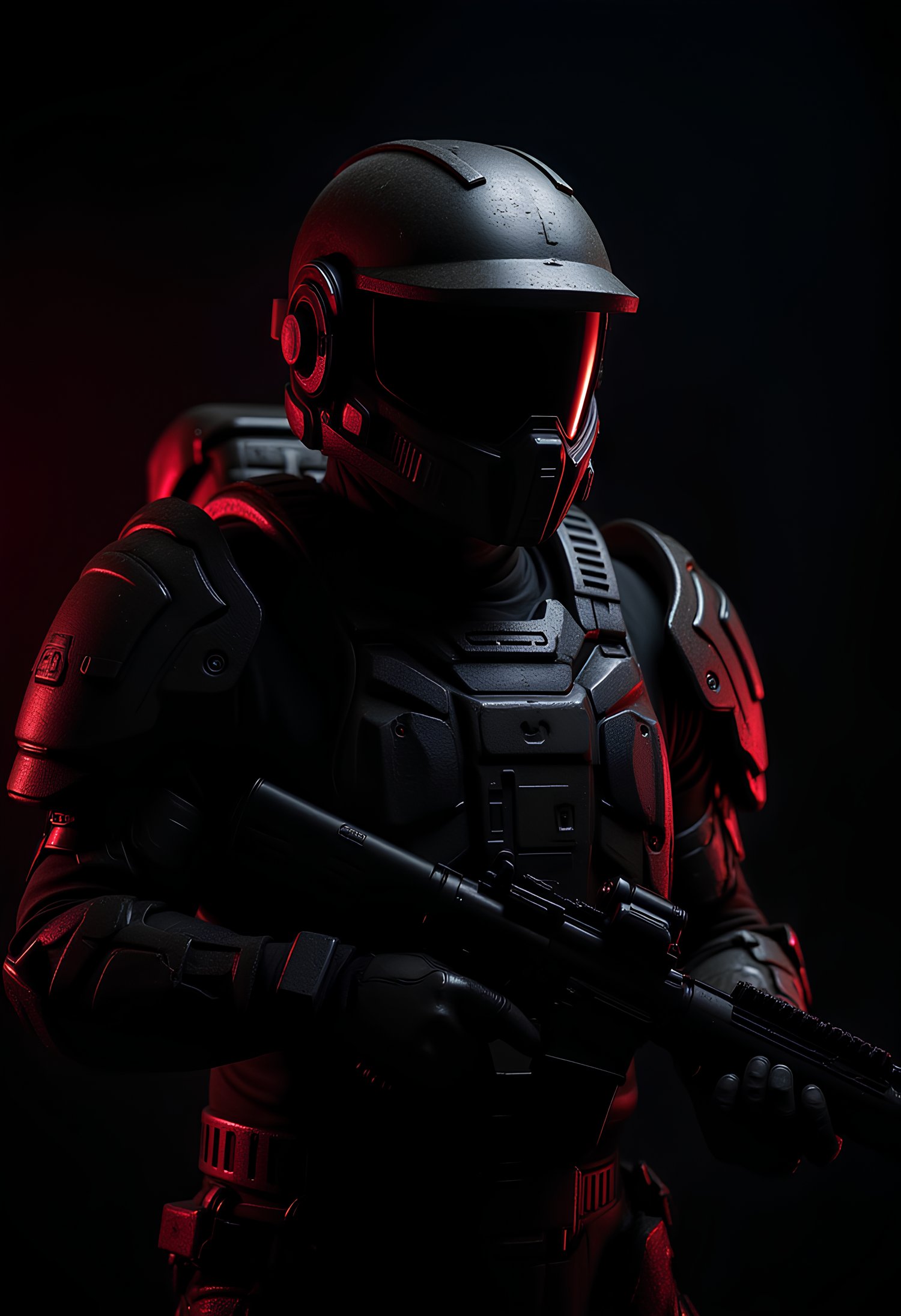 Portrait of a sci-fi soldier wearing an armored suit complete with a opaque visor. The background is pitch-black, and the character is lit by faint red-colored light coming from the side. The overall style of the image is dystopian and apocalyptic. The lighting adds a dramatic and mysterious atmosphere to the scene, enhancing the overall cinematic feel.
