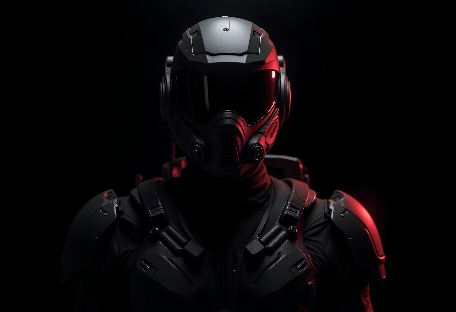 Portrait of a sci-fi soldier wearing an armored suit complete with a opaque visor. The background is pitch-black, and the character is lit by faint red-colored light coming from the side. The overall style of the image is dystopian and apocalyptic. The lighting adds a dramatic and mysterious atmosphere to the scene, enhancing the overall cinematic feel 2