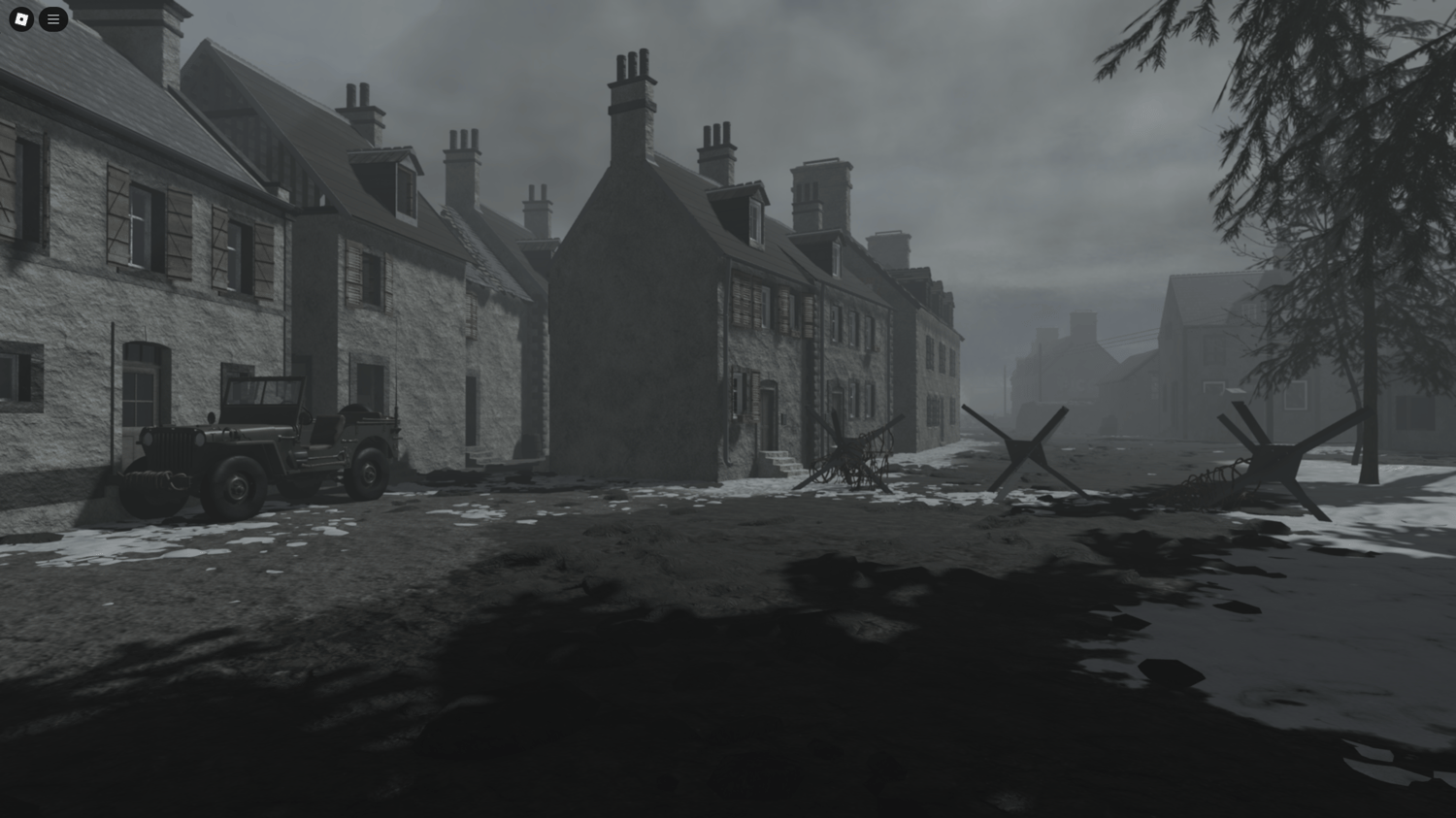 Destroyed village in snowy Roblox WW2 scene