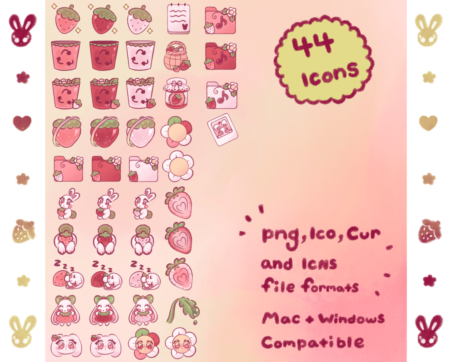 44 desktop icons on a multicolour background. Strawberries, folder icons and plenty of rabbits. Available in PNG, ICO, CUR and ICNS file formats.