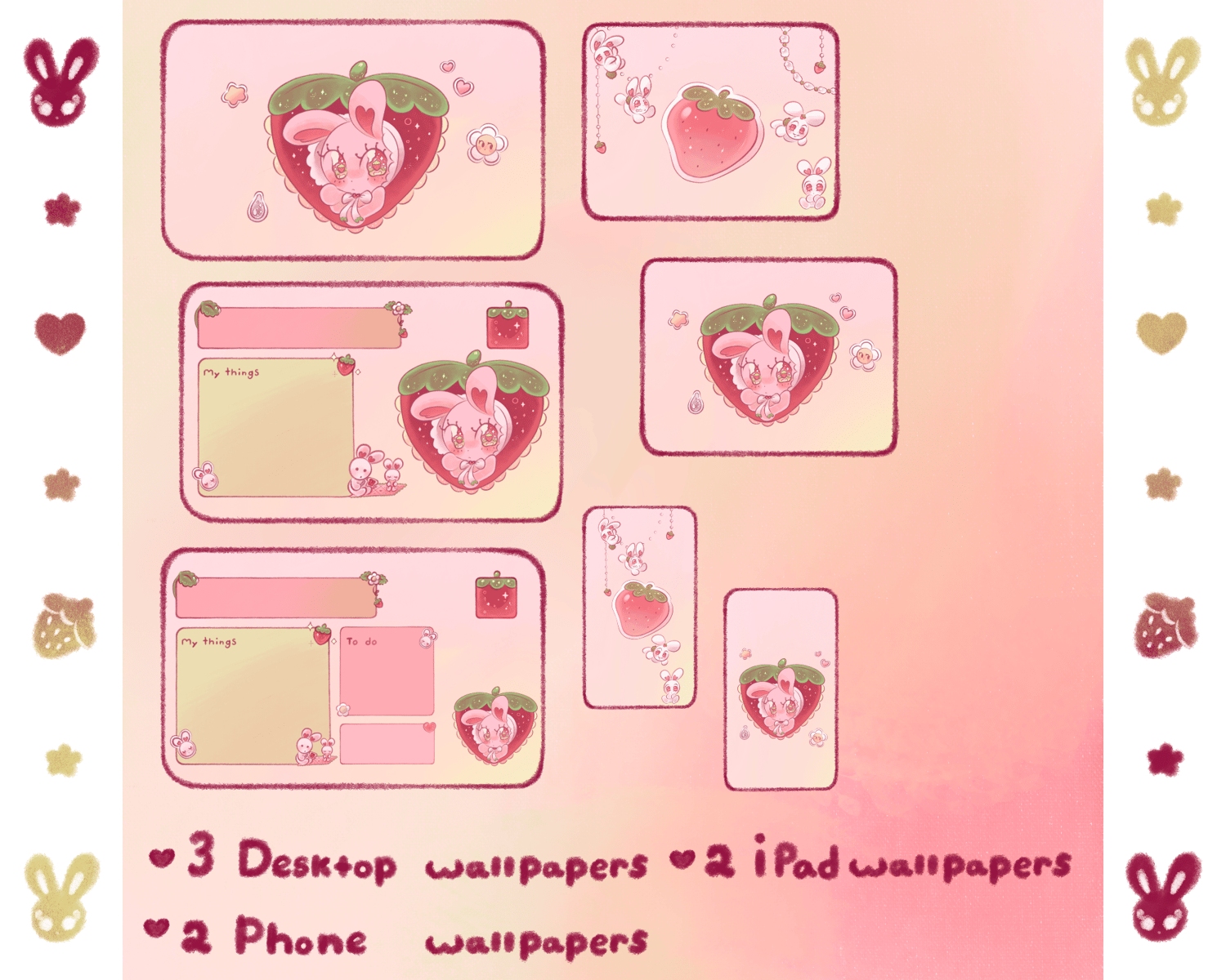A page displaying all available strawberry rabbit wallpapers. 3 desktop wallpapers, 2 iPad wallpapers and 2 phone wallpapers.