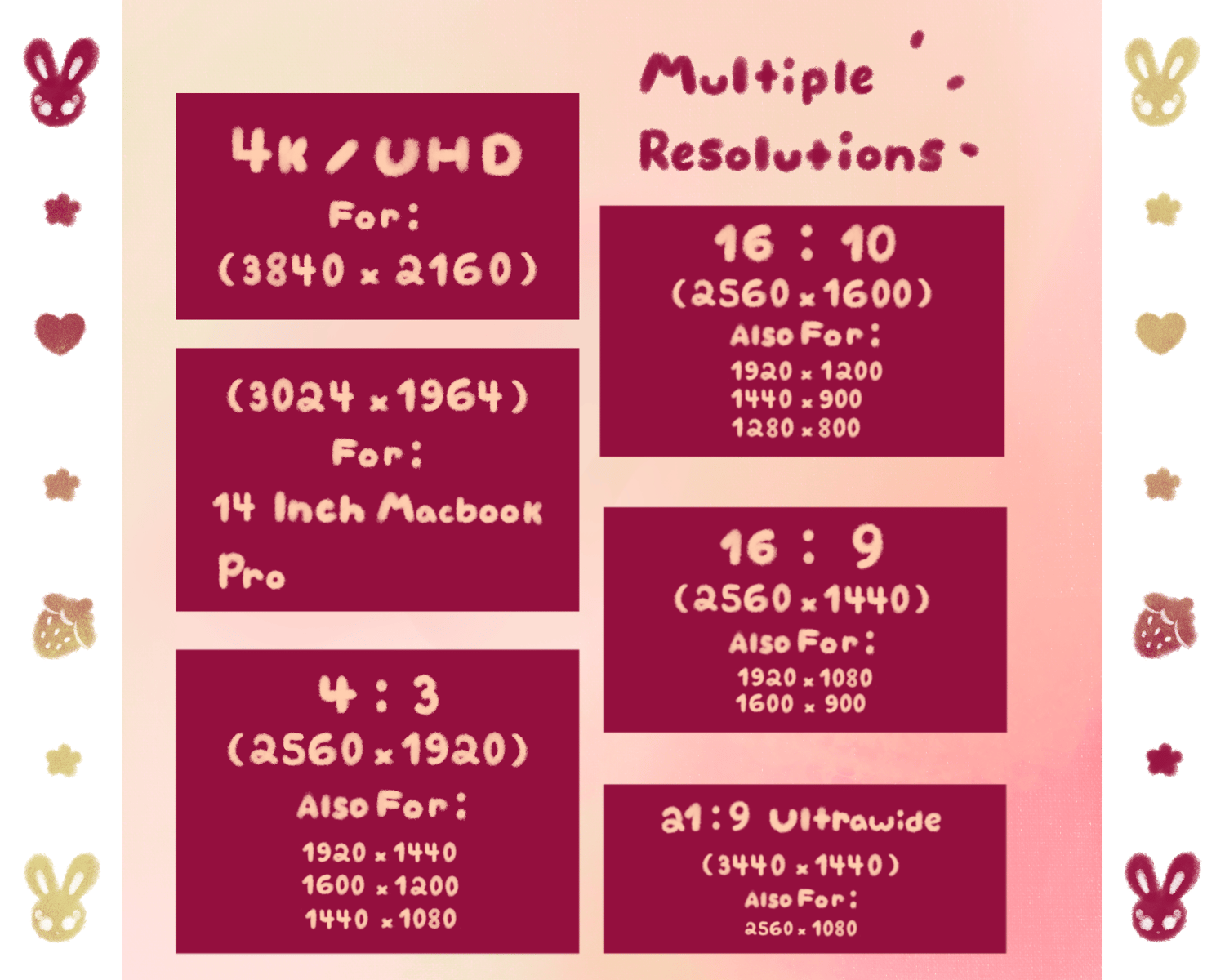 Available wallpaper resolutions: 4k/UHD For: 3840x2160 For 14 Inch MacBook Pro: 3024x1964 4:3 (2560x1920) Also compatible with: 1920x1440, 1600x1200 and 1440x1080 16:10 (2560x1600) Also compatible with: 1920x1200, 1440x900 and 1280x800 16:9 (2560x1440) Al