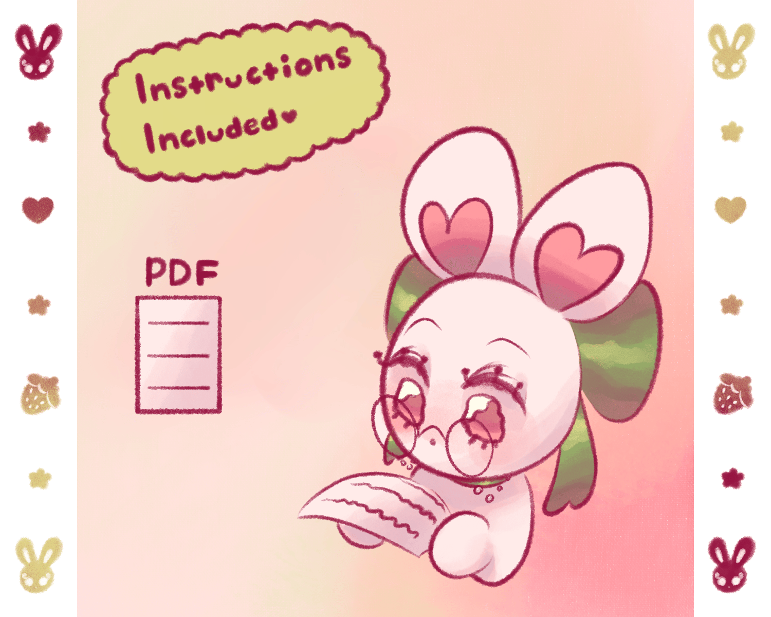 A white rabbit in a green bow with round glasses reading a document. A green bubble saying "Instructions included" floats above an image of a PDF file.