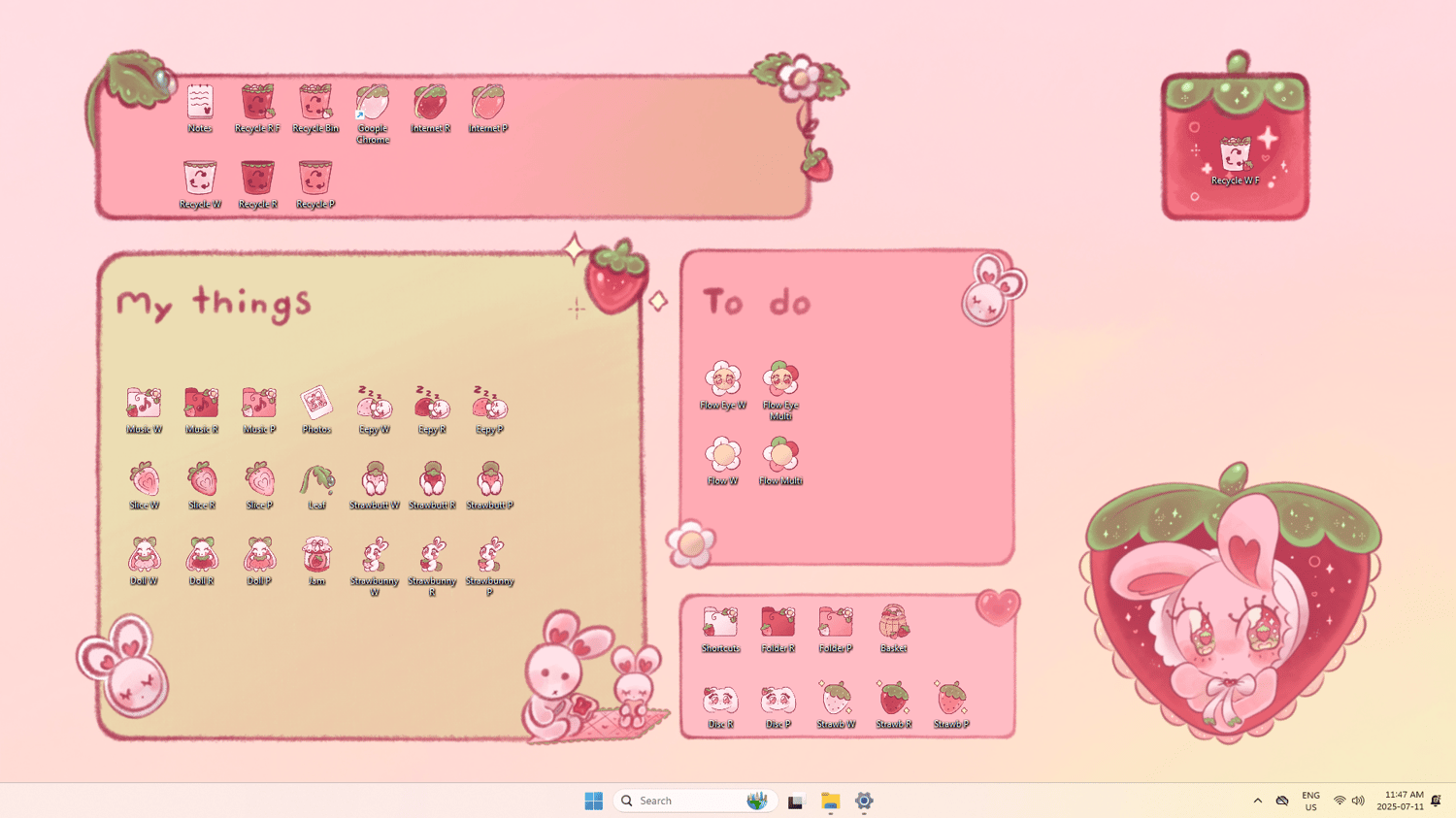 A screenshot of a Windows desktop decorated in a strawberry rabbit organizer and strawberry rabbit themed desktop icons with a strawberry cursor.