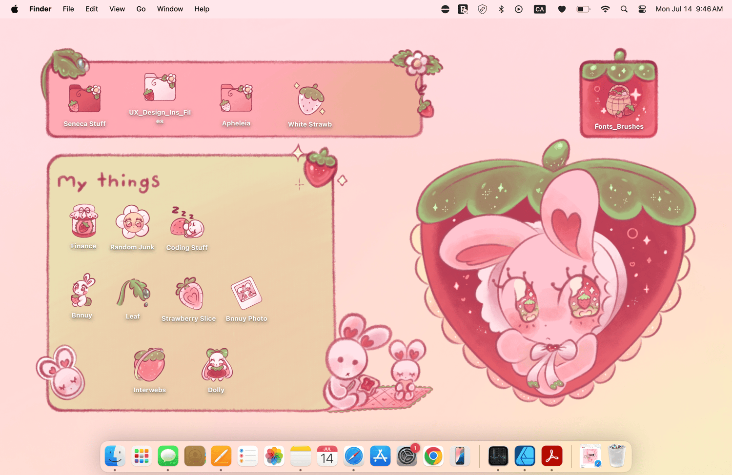 Screenshot of a Mac desktop decorated in a strawberry rabbit desktop organizer with strawberry rabbit themed icons.