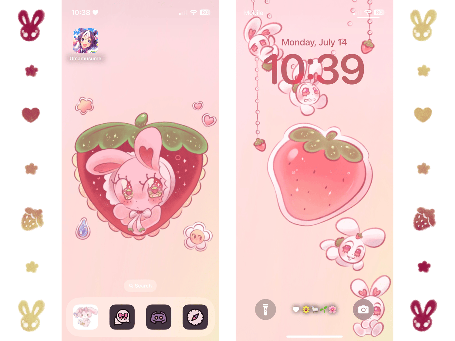 Screenshots of a phone home and Lock Screen decorated with a strawberry rabbit wallpaper.