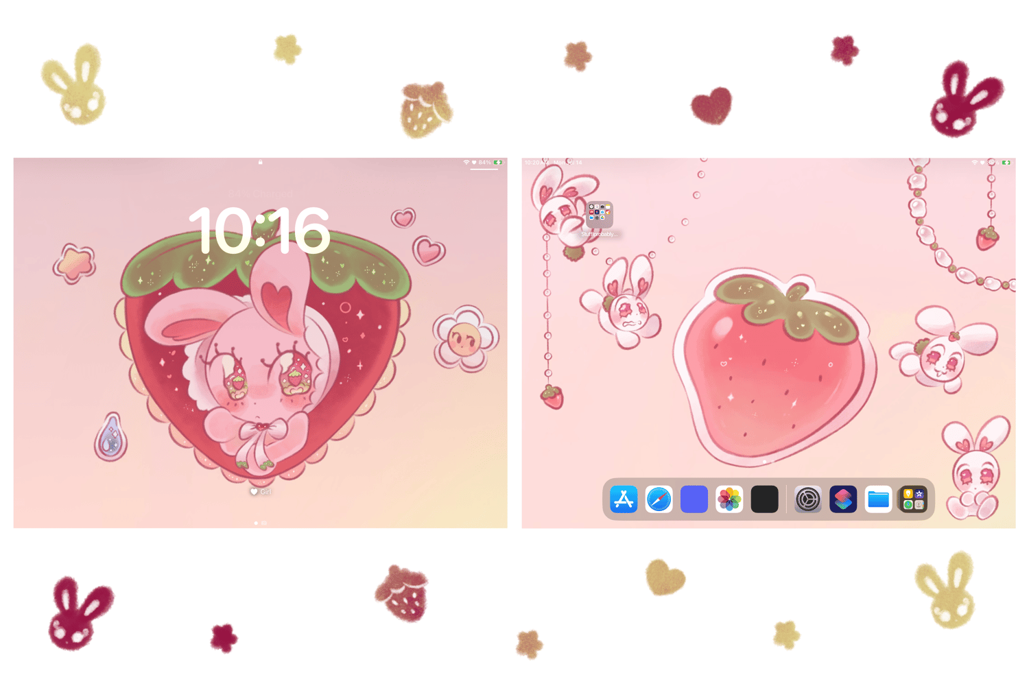 Screenshots of an iPad home and Lock Screen decorated in a strawberry rabbit wallpaper.