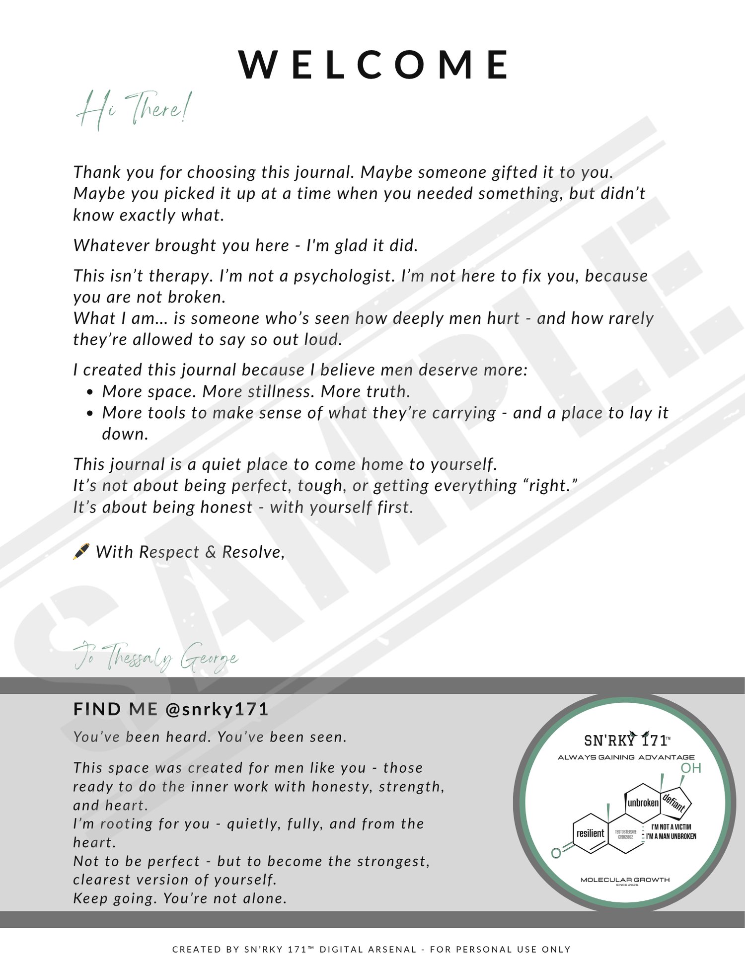 Welcome message from SN’RKY 171™s Gentle Growth Journal for Men, introducing Journal One as a space for anchoring emotional integration, self-trust, and leadership without performance.