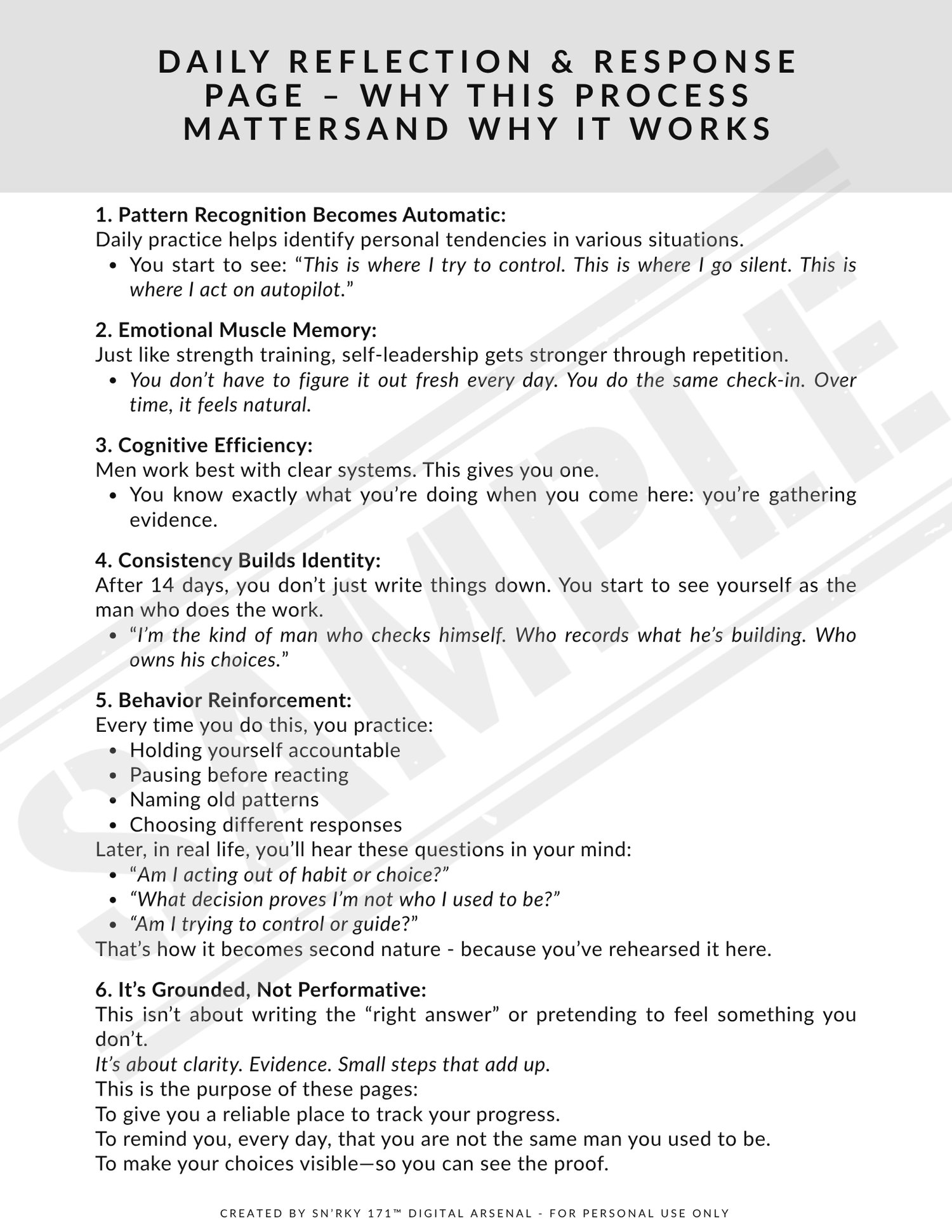 Sample journal spread explaining the science behind daily reflection and self-awareness. Lists key psychological patterns and how they shift through intentional journaling and behavior tracking.